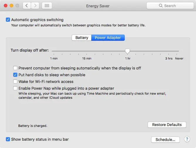 MacOS system preferences > Energy Saver