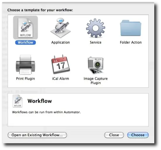 Mac Automator templates - choose Workflow template