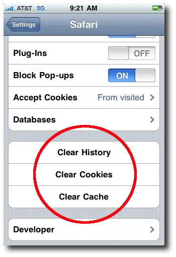 iPhone Safari settings - Clear History, Clear Cookies, Clear Cache