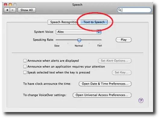 Mac OS X - System Preferences - Text to Speech panel